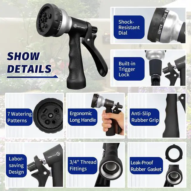 Alt view image 2 of 6 - AUTOMAN Garden Hose Nozzle, ABS Water Spray Nozzle, 7 Adjustable Watering Patterns, Slip-Resistant for Watering Plants, Lawn & Garden, Washing Cars, Cleaning, Showering P