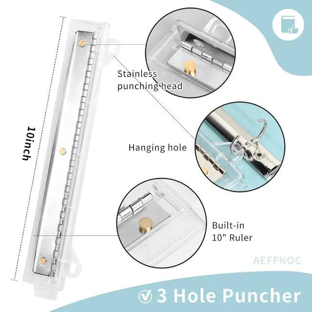 Alt view image 6 of 7 - AEFFNOC 3 Hole Punch, Portable, 10-Inch Ruler, 5-Sheet Capacity, for Binder, White