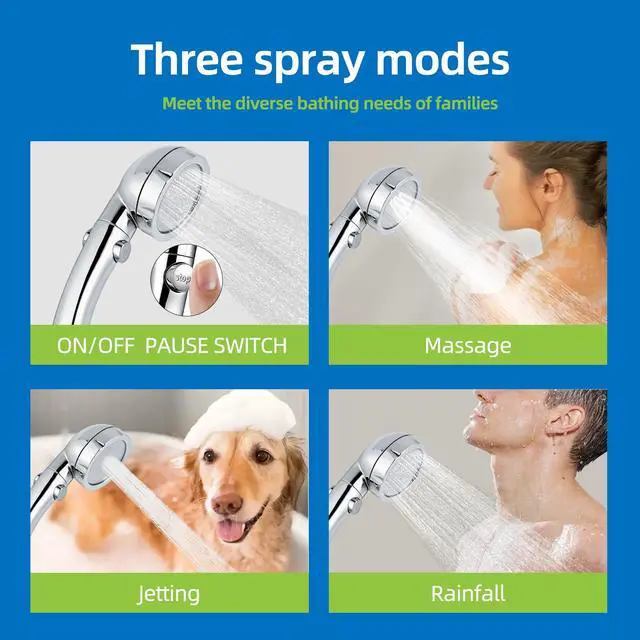 Alt view image 4 of 6 - High Pressure Handheld Shower Head with ON/OFF Pause Switch, 3 Spray Modes, Water Saving, Detachable