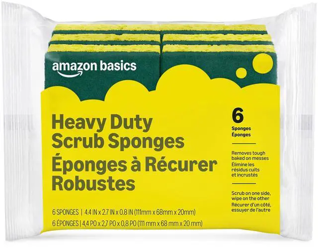 Main image of Amazon Basics Heavy Duty Dual-Sided Scrub Sponges, Reusable, 4.4 x 2.7 x 0.8 in, Yellow/Green, 6-Pack