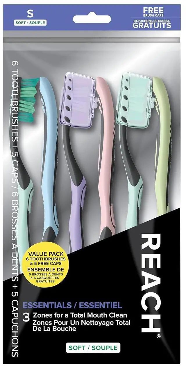 Main image of Reach Essentials Soft Toothbrushes with Toothbrush Caps, 6Count