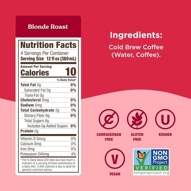 Alt view image 7 of 7 - Califia Farms Pure Black Blonde Roast Cold Brew Coffee 48Oz 100% Arabica Plant Based Vegan Gluten Free Non GMO Sugar Free Iced Coffee
