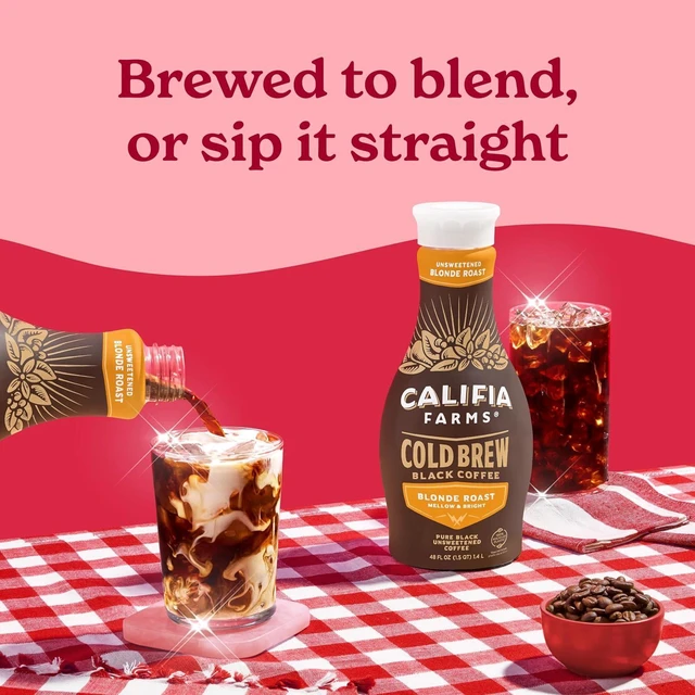Alt view image 2 of 7 - Califia Farms Pure Black Blonde Roast Cold Brew Coffee 48Oz 100% Arabica Plant Based Vegan Gluten Free Non GMO Sugar Free Iced Coffee