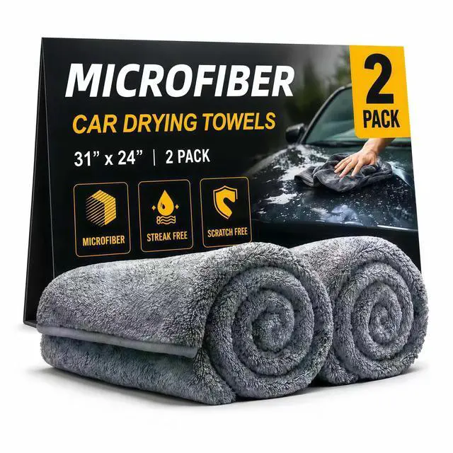 Main image of 2 Pack Professional Large Microfiber Car Drying Towels 31x24 Inches, Scratch Free, Lint Free, Highly Absorbent, Quick Drying for Cars, Trucks, Boats, Detailing