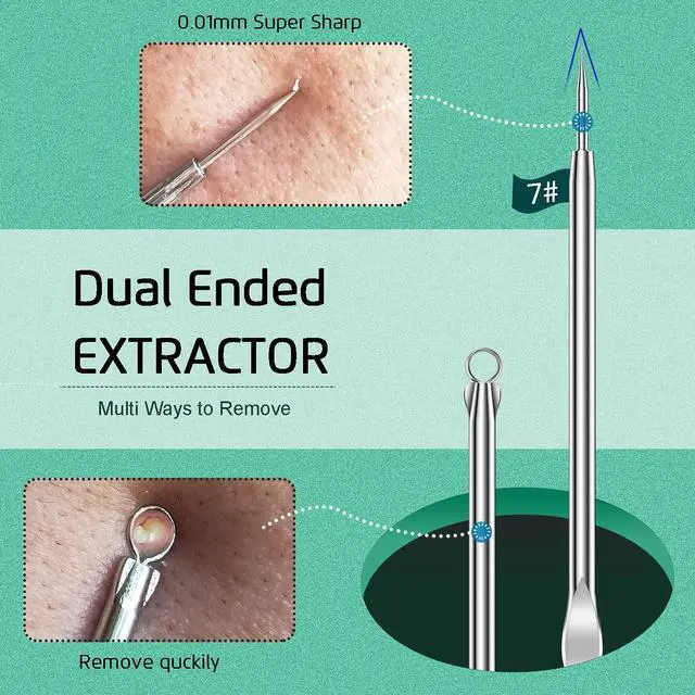 Alt view image 6 of 7 - 8PCS Stainless Steel Blackhead Remover Kit, Pimple Extractor Tool for Face, Acne Whitehead Blemish Removal
