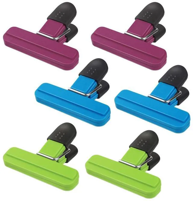 Main image of 6 Pack Heavy Duty Tight Seal Grip Plastic Chip Bag Clips for Food Storage, Small Sizes, Assorted Colors (3 Colors)