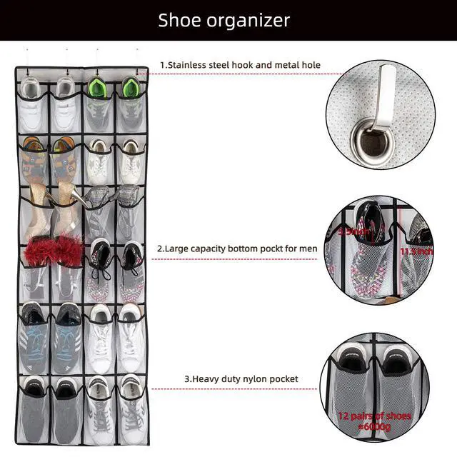 Alt view image 6 of 6 - SAVERHO Over the Door Shoe Organizer, 24 Mesh Large Pockets, Hanging Shoe Storage for Men, Women, Kids, White