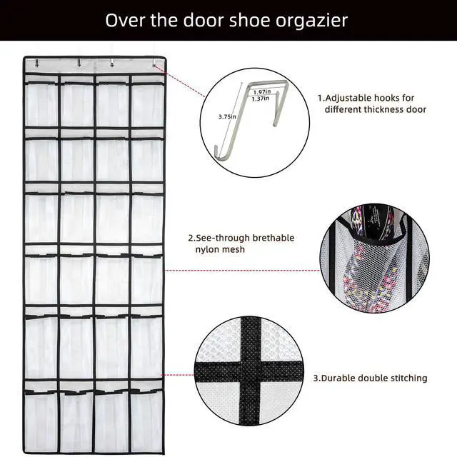 Alt view image 4 of 6 - SAVERHO Over the Door Shoe Organizer, 24 Mesh Large Pockets, Hanging Shoe Storage for Men, Women, Kids, White
