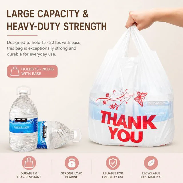 Alt view image 4 of 7 - 4 Gallon Small Trash Bags with Handles, 100 Count, 11" x 21" Plastic, Thank You T-Shirt Style for Home, Kitchen, Office, Bathroom, Small Business, Takeout, Grocery Use