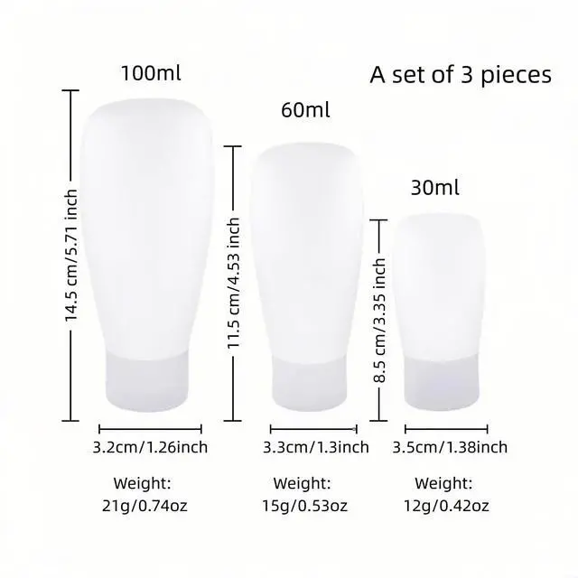 Alt view image 6 of 6 - Chinshwehaw Portable Travel Bottles Set, 3-Pack (30ml, 60ml, 100ml), Silicone Squeeze Containers, Leakproof, Wide Mouth, BPA-Free, TSA Approved, White, for Toiletries, Sh