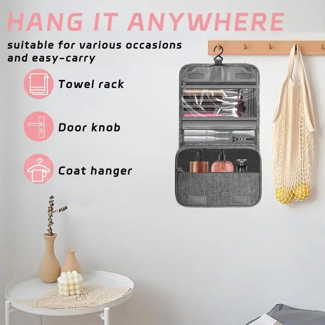 Alt view image 3 of 6 - Waterproof Hanging Toiletry Bag with Hook, Multifunctional Cosmetic Bag, Portable Travel Organizer for Men and Women, Small, Grey