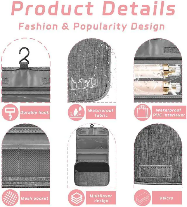 Alt view image 2 of 6 - Waterproof Hanging Toiletry Bag with Hook, Multifunctional Cosmetic Bag, Portable Travel Organizer for Men and Women, Small, Grey