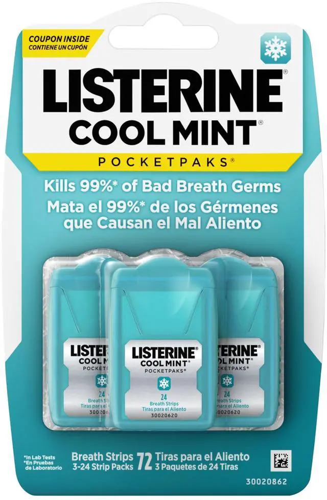 Main image of Listerine PocketPaks Breath Strips, Cool Mint, 24-Strip Pack, 3 Pack