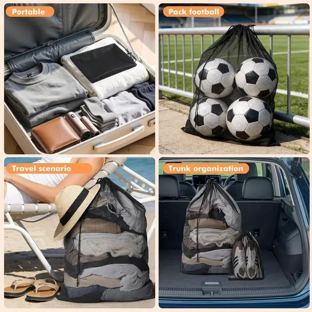 Alt view image 3 of 6 - 2 Pack Mesh Laundry Bags, Large & Small Heavy Duty with Drawstring, Black for Travel, College, Dorms, Sports, Family