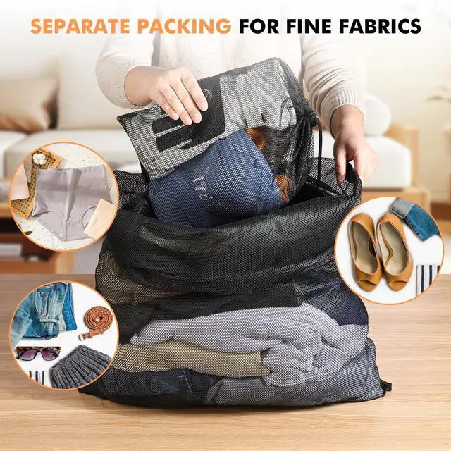 Alt view image 6 of 6 - 2 Pack Mesh Laundry Bags, Large & Small Heavy Duty with Drawstring, Black for Travel, College, Dorms, Sports, Family