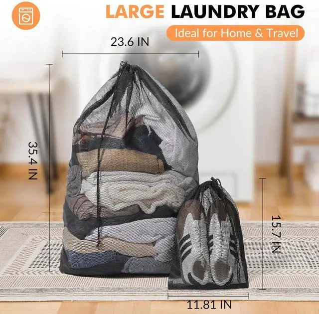 Alt view image 2 of 6 - 2 Pack Mesh Laundry Bags, Large & Small Heavy Duty with Drawstring, Black for Travel, College, Dorms, Sports, Family