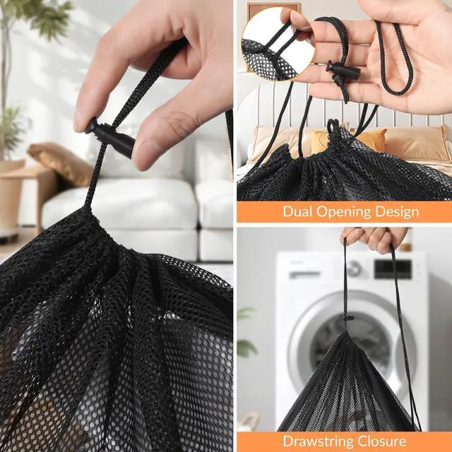 Alt view image 5 of 6 - 2 Pack Mesh Laundry Bags, Large & Small Heavy Duty with Drawstring, Black for Travel, College, Dorms, Sports, Family