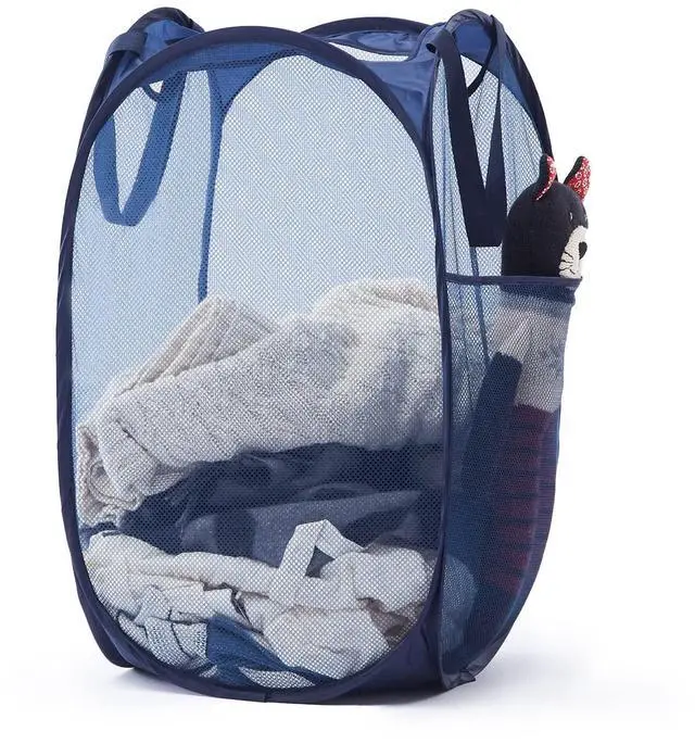 Main image of Collapsible Mesh Laundry Basket with Side Pocket and Sturdy Handles