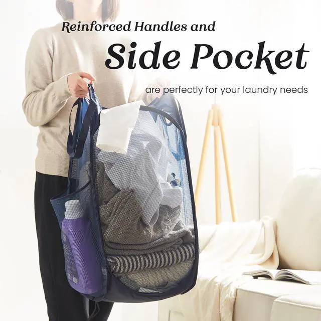 Alt view image 2 of 6 - Collapsible Mesh Laundry Basket with Side Pocket and Sturdy Handles