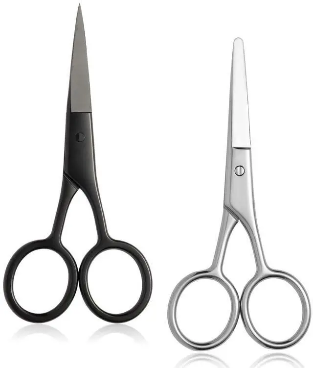 Main image of 2PCS Small Grooming Scissors with Straight & Rounded Safety Tips for Facial Hair, Eyebrows, Nose Hair, Beard, Mustache, Eyelashes, and Ear Hair - Silver & Black