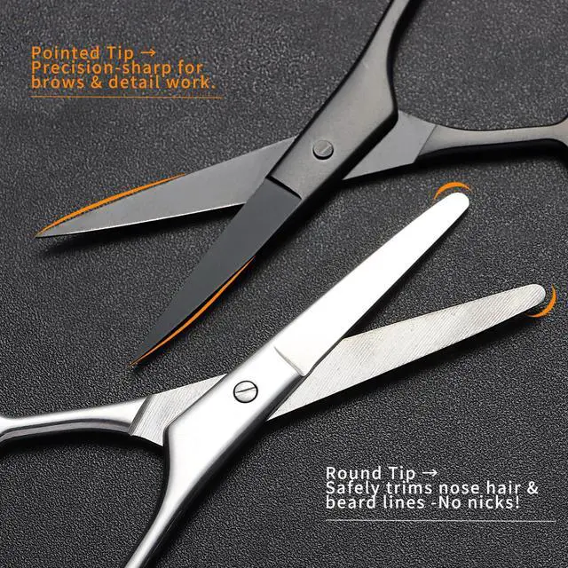Alt view image 4 of 7 - 2PCS Small Grooming Scissors with Straight & Rounded Safety Tips for Facial Hair, Eyebrows, Nose Hair, Beard, Mustache, Eyelashes, and Ear Hair - Silver & Black