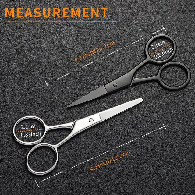 Alt view image 5 of 7 - 2PCS Small Grooming Scissors with Straight & Rounded Safety Tips for Facial Hair, Eyebrows, Nose Hair, Beard, Mustache, Eyelashes, and Ear Hair - Silver & Black