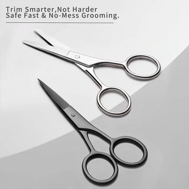 Alt view image 3 of 7 - 2PCS Small Grooming Scissors with Straight & Rounded Safety Tips for Facial Hair, Eyebrows, Nose Hair, Beard, Mustache, Eyelashes, and Ear Hair - Silver & Black