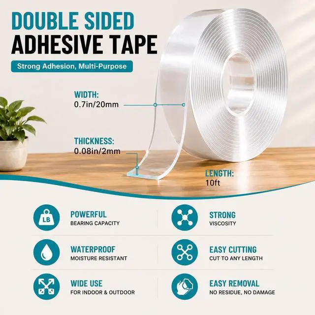 Alt view image 6 of 6 - Ohayooz Extra Strong Double Sided Tape Heavy Duty Removable 10FT
