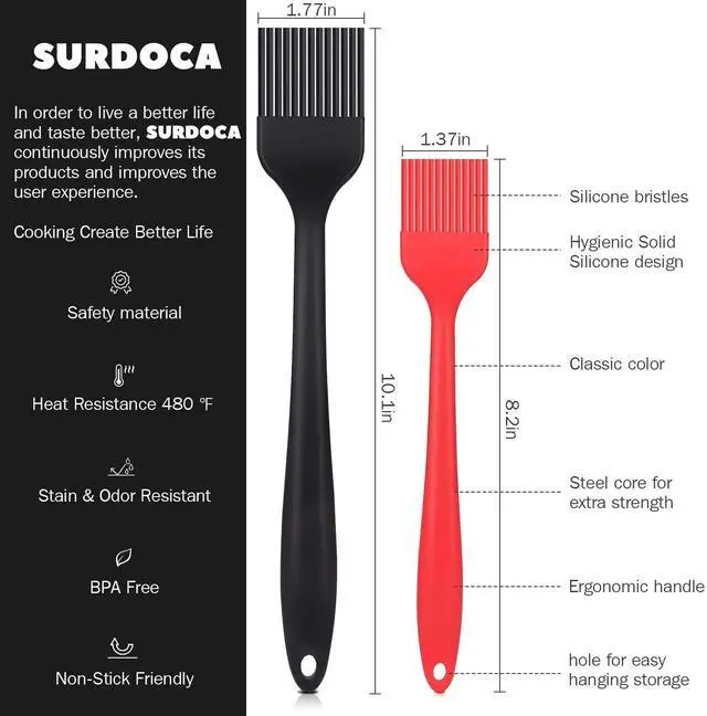 Alt view image 5 of 5 - SURDOCA Silicone Pastry Basting Brush - 2-Pack 10-in & 8-in Heat Resistant, BPA Free, Stainless Steel Core for Baking, Cooking, BBQ Grilling