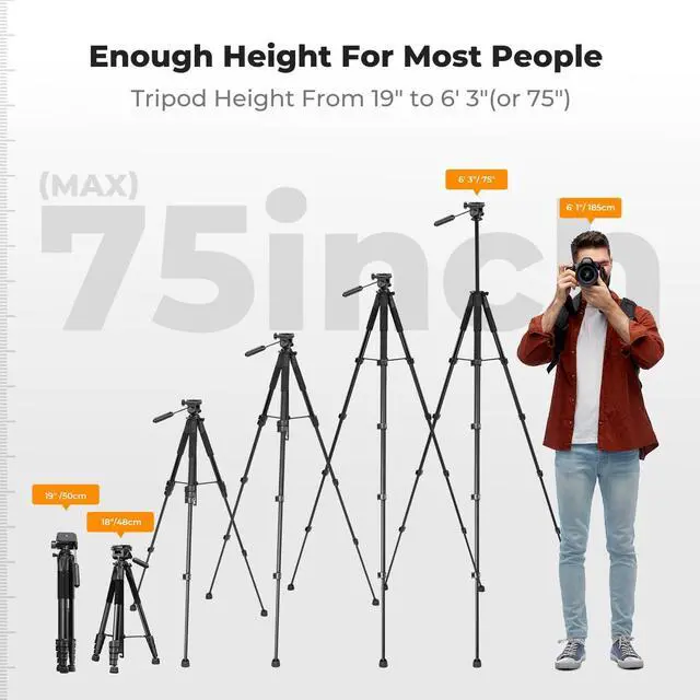Alt view image 2 of 6 - K&F CONCEPT 75" Aluminum Camera Tripod, Lightweight and Compact for Travel