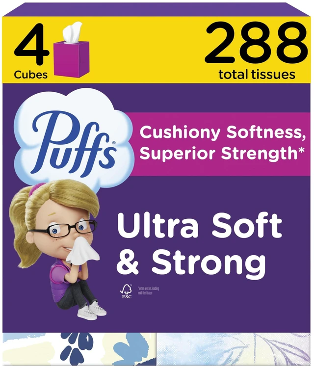 Main image of Puffs Ultra Soft Facial Tissues, 4 Mega Cube Boxes, 72 Tissues per Box, for Allergies and Colds (Packaging May Vary)