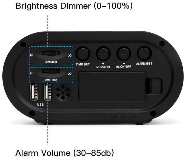 Alt view image 5 of 6 - REACHER Dimmable LED Digital Alarm Clock with USB Charger