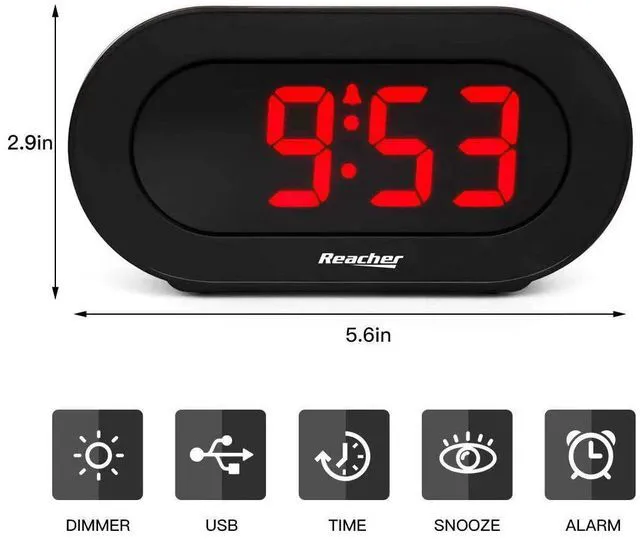 Alt view image 4 of 6 - REACHER Dimmable LED Digital Alarm Clock with USB Charger