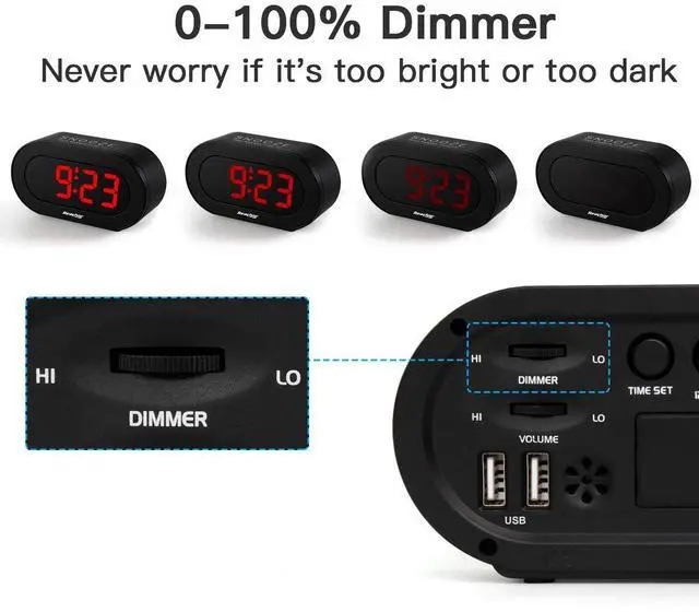 Alt view image 3 of 6 - REACHER Dimmable LED Digital Alarm Clock with USB Charger
