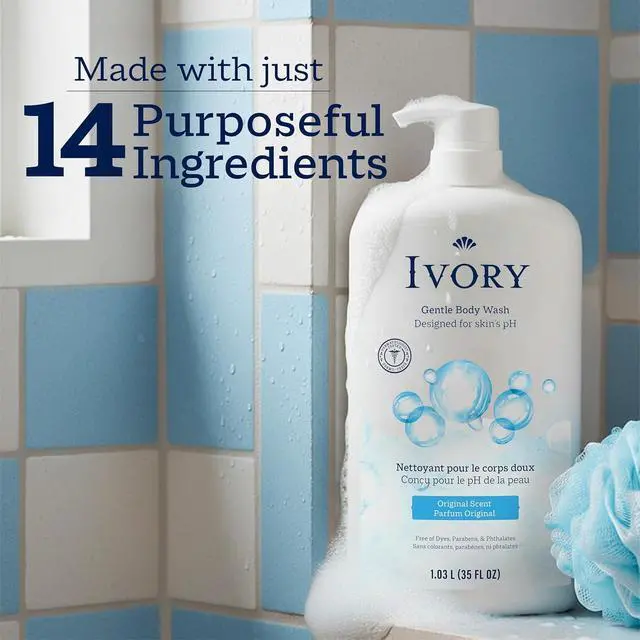 Alt view image 3 of 6 - Ivory Body Wash 35 oz, Gentle Formula, Free of Dyes, Heavy Perfumes, Parabens, Phthalates & Silicones, for Sensitive Skin, pH Balanced, Original Scent
