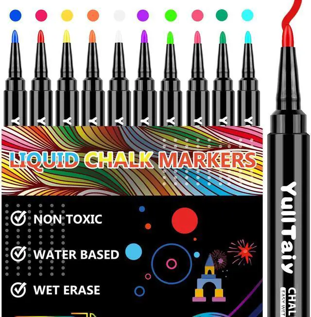 Main image of Liquid Chalk Markers 1mm Fine Point, 10 Colors for Acrylic Calendar, Dry Erase Board, Whiteboard, Glass, Mirror - Easy Wet Erase