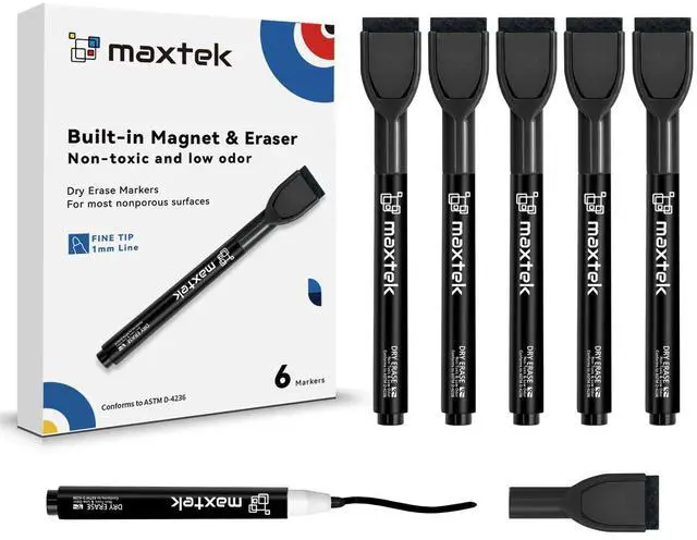 Main image of Maxtek Magnetic Black Dry Erase Markers, 6 Count Fine Tip with Eraser, Low Odor for Classroom, Office, Home