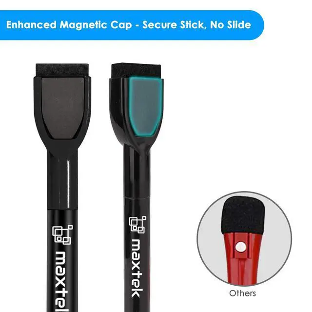 Alt view image 4 of 7 - Maxtek Magnetic Black Dry Erase Markers, 6 Count Fine Tip with Eraser, Low Odor for Classroom, Office, Home