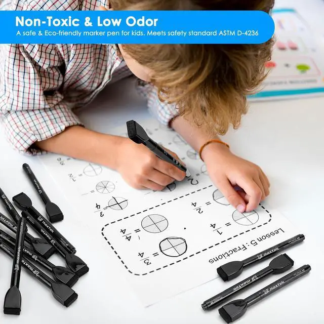 Alt view image 2 of 7 - Maxtek Magnetic Black Dry Erase Markers, 6 Count Fine Tip with Eraser, Low Odor for Classroom, Office, Home