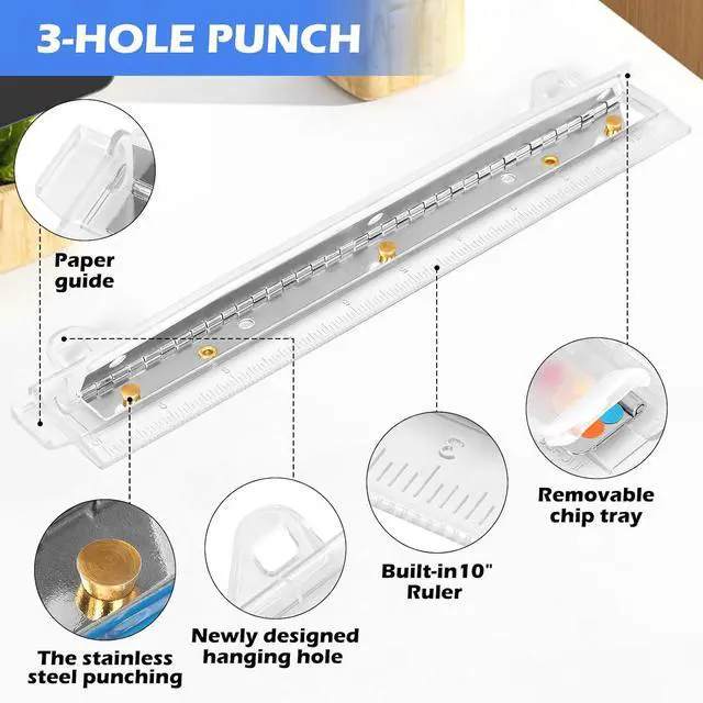 Alt view image 2 of 6 - 3 Hole Punch, Portable, 5-Sheet Capacity, 10-Inch Ruler, Upgraded Removable Scrap Container, Durable, for 3 Ring Binder