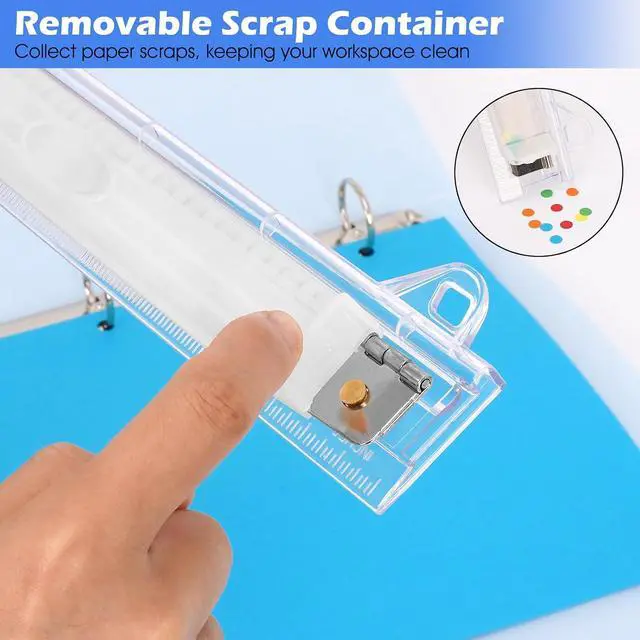Alt view image 3 of 6 - 3 Hole Punch, Portable, 5-Sheet Capacity, 10-Inch Ruler, Upgraded Removable Scrap Container, Durable, for 3 Ring Binder