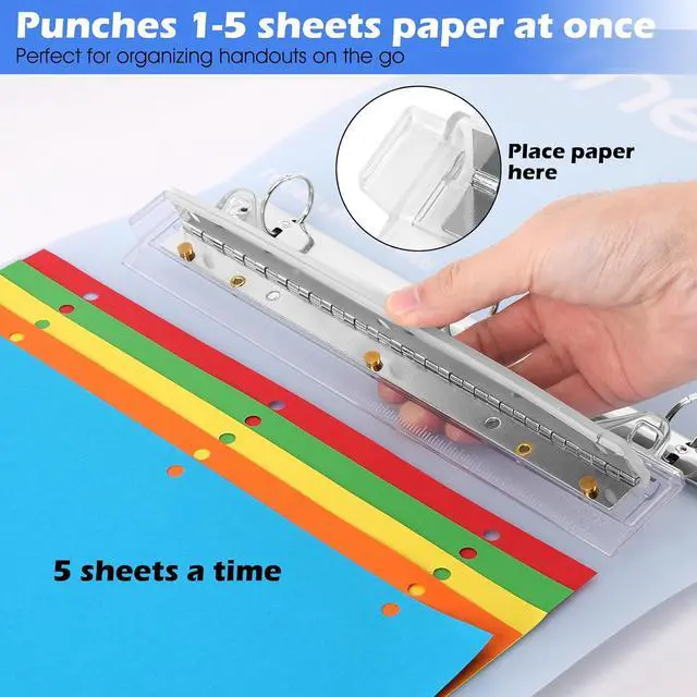 Alt view image 4 of 6 - 3 Hole Punch, Portable, 5-Sheet Capacity, 10-Inch Ruler, Upgraded Removable Scrap Container, Durable, for 3 Ring Binder