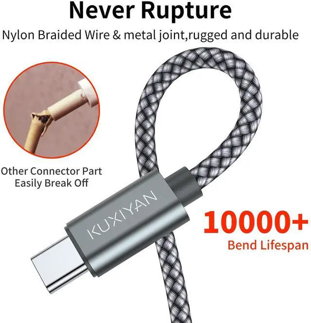 Alt view image 3 of 6 - USB Type C Cable 2-Pack 3FT, Nylon Braided Fast Charging Sync Cord Compatible with iPhone 17 Air/16 Pro Max, Samsung Galaxy S10 Plus, Google Pixel 2 (Gray)