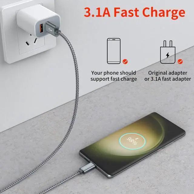 Alt view image 2 of 6 - USB Type C Cable 2-Pack 3FT, Nylon Braided Fast Charging Sync Cord Compatible with iPhone 17 Air/16 Pro Max, Samsung Galaxy S10 Plus, Google Pixel 2 (Gray)