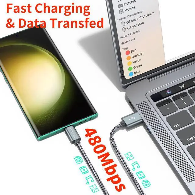 Alt view image 4 of 6 - USB Type C Cable 2-Pack 3FT, Nylon Braided Fast Charging Sync Cord Compatible with iPhone 17 Air/16 Pro Max, Samsung Galaxy S10 Plus, Google Pixel 2 (Gray)