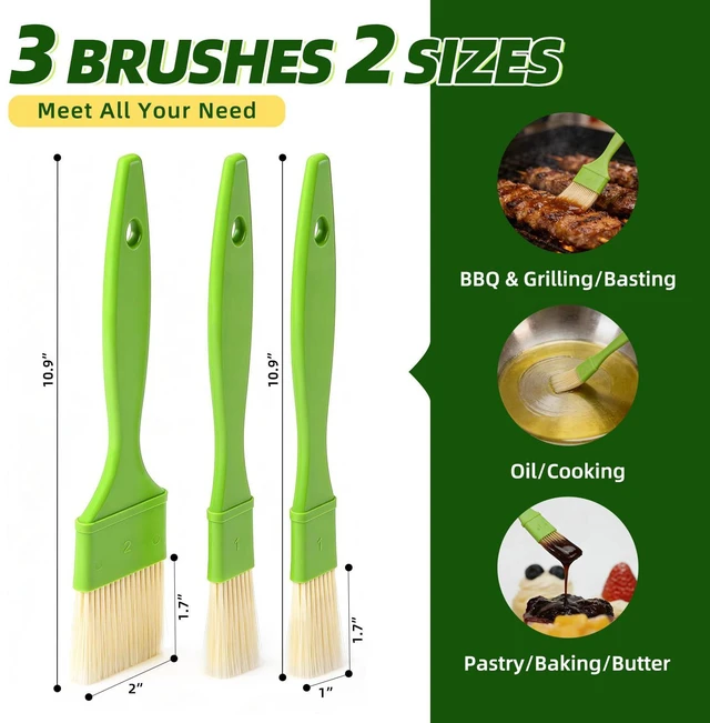 Alt view image 3 of 7 - 3 Pcs Pastry Brush Set, 1.5Inch Bristle Basting Brushes, Heat Resistant, Kitchen Brush for Oil, BBQ Grill, Butter Sauce, Baking, with Hang Hole, Green