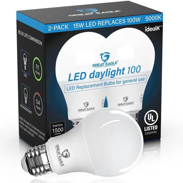 Main image of Great Eagle Lighting A19 E26 LED Bulb, 100W Equivalent, 5000K Daylight, 1500 Lumens, Non-Dimmable, Damp Rated, Indoor and Outdoor, 2 Pack