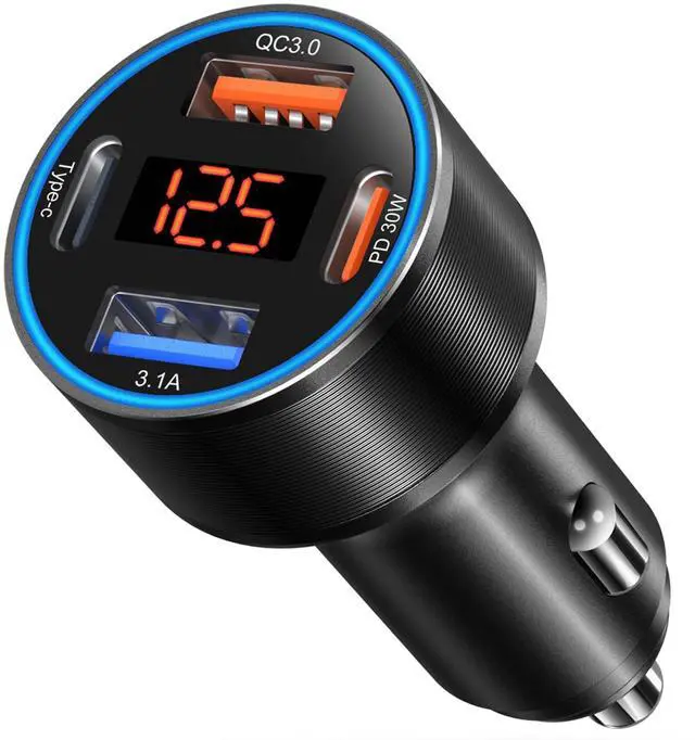 Main image of 4-Port 65W Dual 12V USB-A & USB-C Car Charger with Voltmeter, PD/QC 3.0 Fast Charging Cigarette Lighter Adapter for iPhone 16e/15/14/13/12/11 Pro Max, Samsung, Android (B