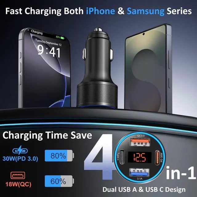 Alt view image 2 of 7 - 4-Port 65W Dual 12V USB-A & USB-C Car Charger with Voltmeter, PD/QC 3.0 Fast Charging Cigarette Lighter Adapter for iPhone 16e/15/14/13/12/11 Pro Max, Samsung, Android (B