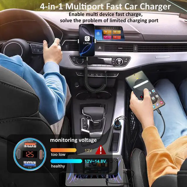 Alt view image 4 of 7 - 4-Port 65W Dual 12V USB-A & USB-C Car Charger with Voltmeter, PD/QC 3.0 Fast Charging Cigarette Lighter Adapter for iPhone 16e/15/14/13/12/11 Pro Max, Samsung, Android (B